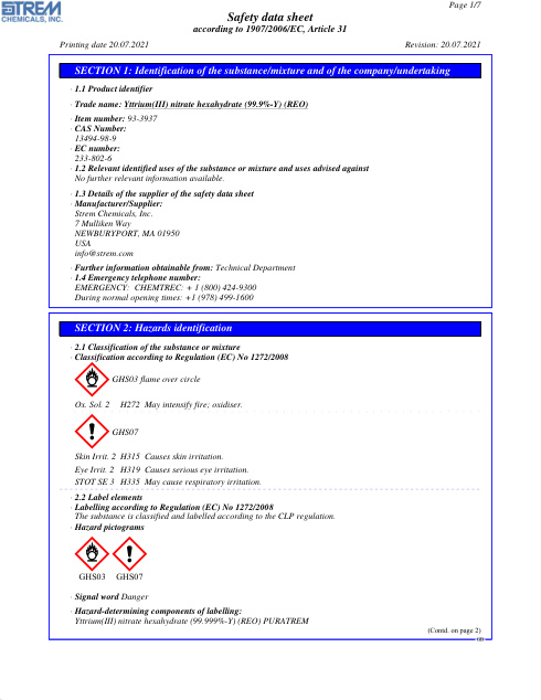 First page of Yttrium(III) nitrate hexahydrate (99.9%-Y) (REO) 93-3937 SDS – Strem Chemicals, Inc.