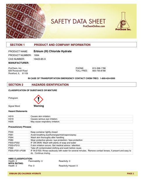 First page of Erbium (lll) Chloride Hydrate 1694 SDS – ProChem, Inc.