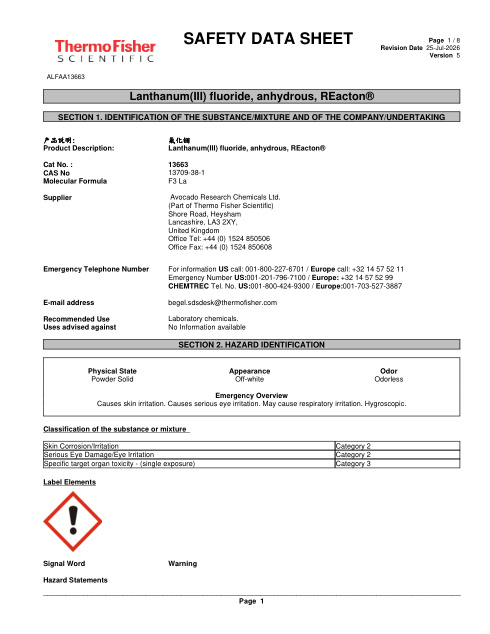First page of Lanthanum(III) fluoride, anhydrous, REacton® ALFAA13663 SDS – Avocado Research Chemicals Ltd. (Part of Thermo Fisher Scientific)
