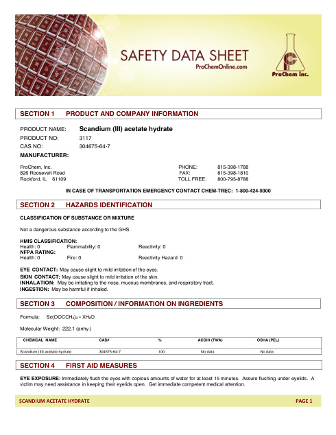 First page of Scandium (III) acetate hydrate 3117 SDS – ProChem, Inc.