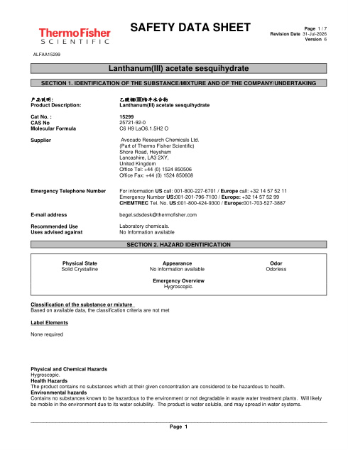 First page of Lanthanum(III) acetate sesquihydrate ALFAA15299 SDS – Avocado Research Chemicals Ltd. (Part of Thermo Fisher Scientific)