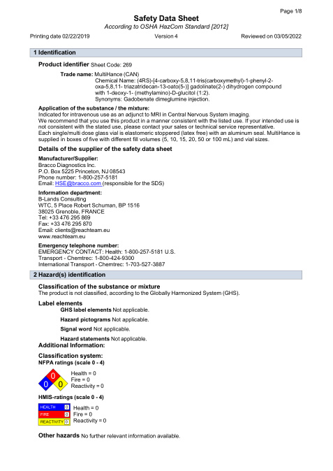 First page of MultiHance (CAN) | SDS | CAS 127000-20-8 | Bracco | Sheet Code: 269 | English | 03/05/2022 · Version 4