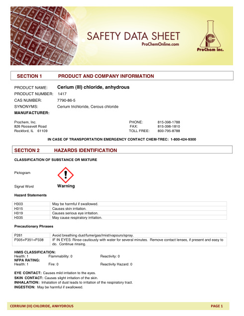 First page of Cerium (III) chloride, anhydrous 1417 SDS – ProChem, Inc.