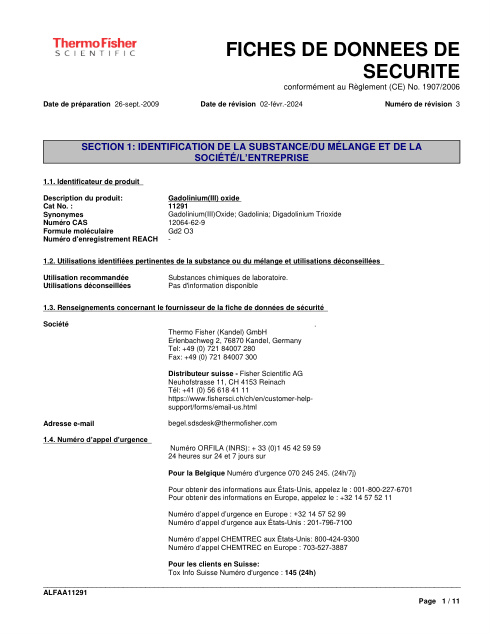 First page of Gadolinium(III) oxide | SDS | CAS 12064-62-9 | Thermo Fisher Scientific | 11291 | French