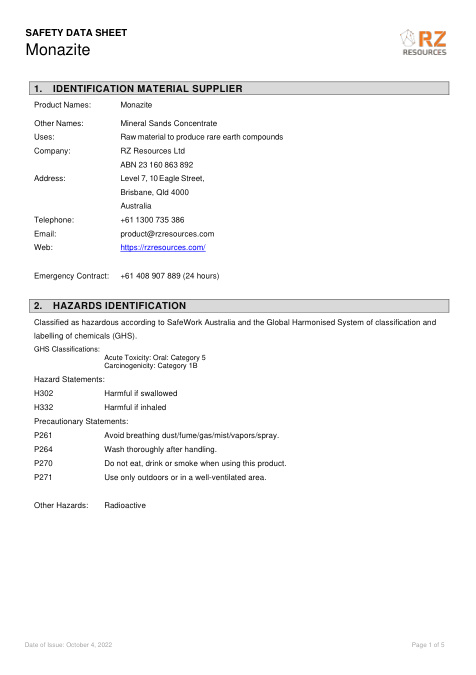 First page of Monazite | SDS | CAS 1306-41-8 | RZ Resources Ltd | English | October 4, 2022