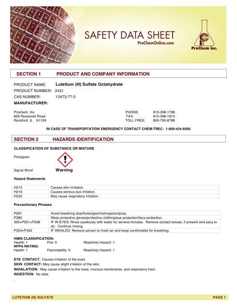 First page of Lutetium (III) Sulfate Octahydrate 2431 SDS – ProChem, Inc.