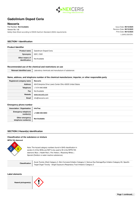First page of Gadolinium Doped Ceria | SDS | Nexceris | English | 06/12/2025 · Version 1.2