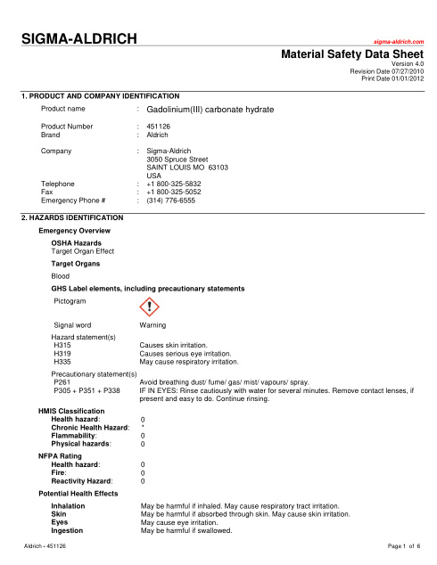 First page of Gadolinium(III) carbonate hydrate | SDS | CAS 38245-36-2 | Sigma-Aldrich | 451126 | English | 07/27/2010 · Version 4.0
