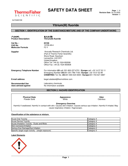 First page of Yttrium(III) fluoride ALFAA83106 SDS – Avocado Research Chemicals Ltd. (Part of Thermo Fisher Scientific)