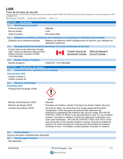 First page of LUIS-1 Matériau de référence certifié isotopique pour le lutécium (solution d’étalonnage) LUIS-1 MRC FDS – CNRC Canada