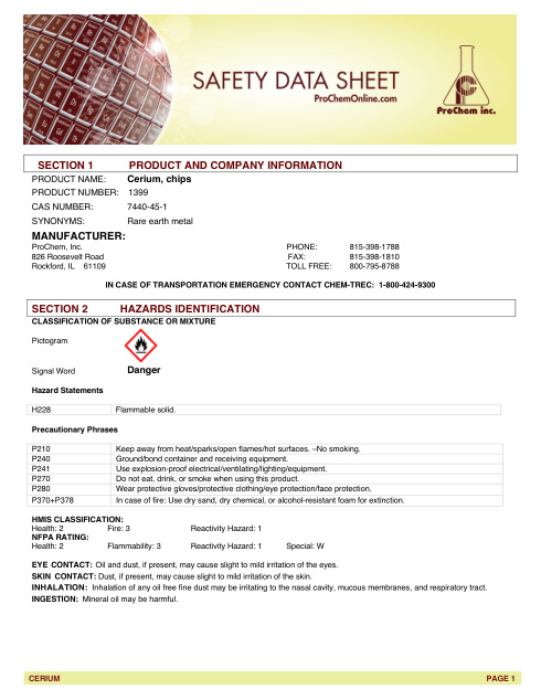 First page of Cerium, chips 1399 SDS – ProChem, Inc.