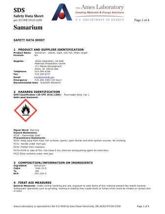First page of Samarium (Sm) Metal — Safety Data Sheet (SDS)