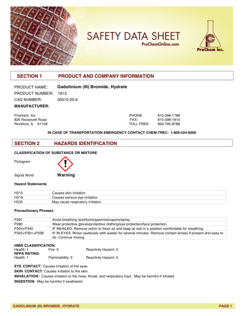 First page of Gadolinium (III) Bromide, Hydrate | SDS | CAS 30010-20-9 | ProChem | 1813 | English