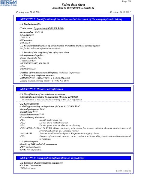 First page of Dysprosium foil (99.9% REO) 93-6638 SDS – Strem Chemicals, Inc.