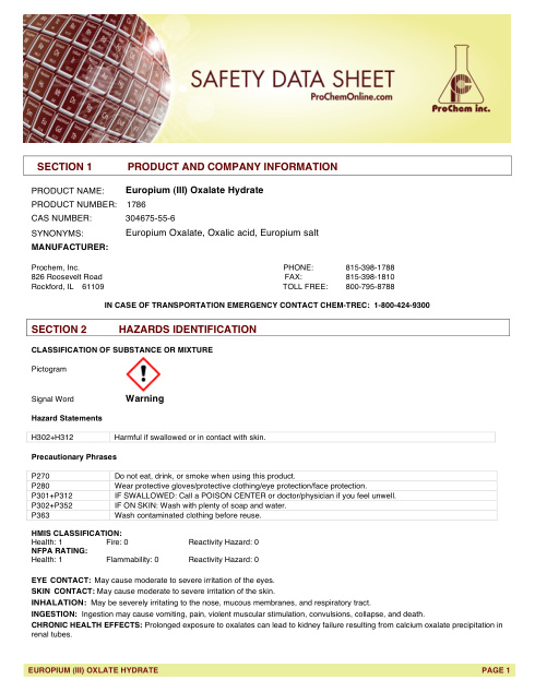 First page of Europium (III) Oxalate Hydrate 1786 SDS – ProChem, Inc.
