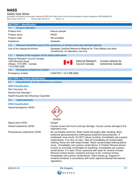 First page of NASS-7 Seawater Certified Reference Material NASS-7 CRM SDS – NRC Canada