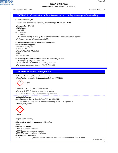 First page of Scandium(III) oxide, sintered lumps (99.9%-Sc) (REO) 21-0750 SDS – Strem Chemicals, Inc.