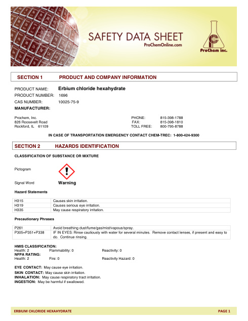 First page of Erbium chloride hexahydrate 1696 SDS – ProChem, Inc.