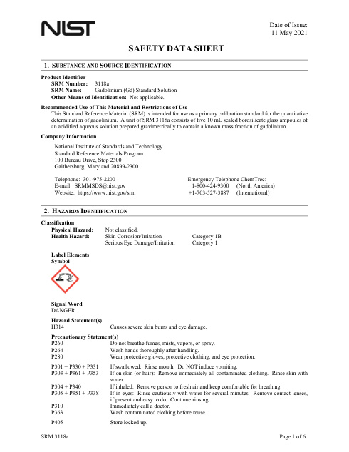 First page of Gadolinium (Gd) Standard Solution | SDS | National Institute of Standards and Technology (NIST) | SRM 3118a | English | 11 May 2021