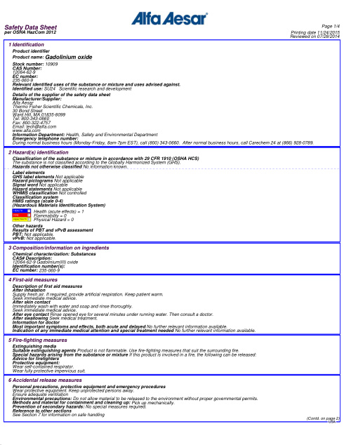 First page of Gadolinium oxide | SDS | CAS 12064-62-9 | Alfa-Aesar | English | 11/24/2015