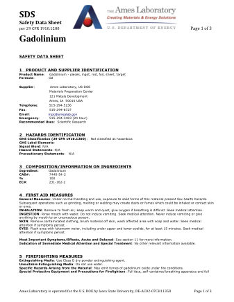 First page of Gadolinium (Gd) Metal — Safety Data Sheet (SDS)
