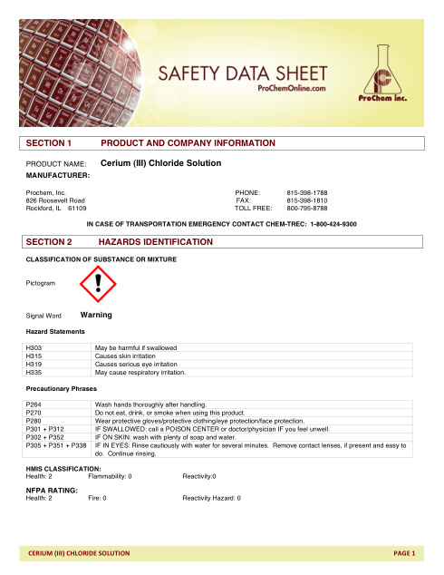 First page of Cerium (III) Chloride Solution SDS – ProChem, Inc.
