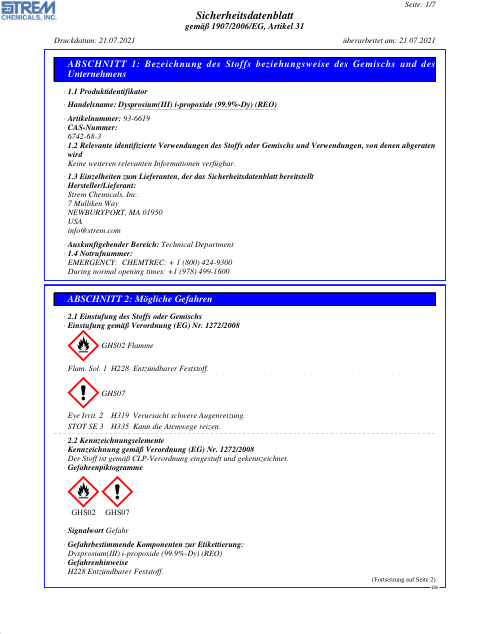 First page of Dysprosium(III) i-propoxide (99.9%-Dy) (REO) 93-6619 SDS – Strem Chemicals, Inc.