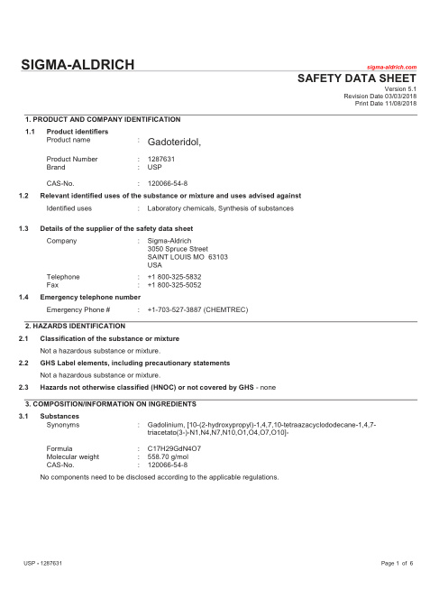 First page of Gadoteridol | SDS | CAS 120066-54-8 | Sigma-Aldrich | 1287631 | English | 03/03/2018 · Version 5.1