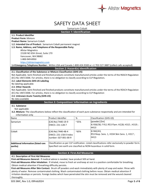 First page of Samarium Cobalt permanent magnet | SDS | Allstar Magnetics | Rev 1.0 | English | 2024-02-09