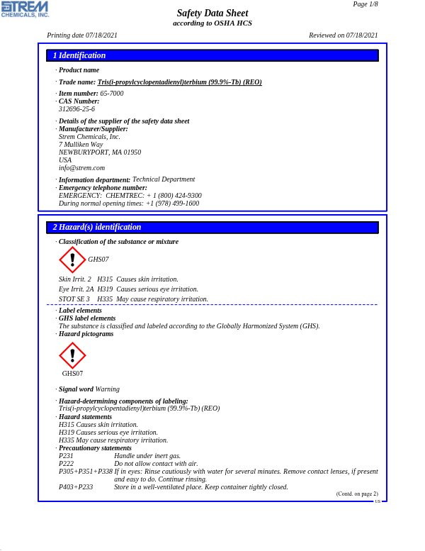 First page of · Trade name: Tris(i-propylcyclopentadienyl)terbium (99.9%-Tb) (REO) 65-7000 SDS – Strem Chemicals, Inc.