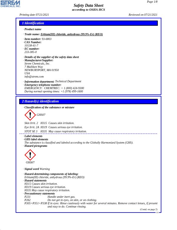 First page of · Trade name: Erbium(III) chloride, anhydrous (99.9%-Er) (REO) 93-6803 SDS – Strem Chemicals, Inc.