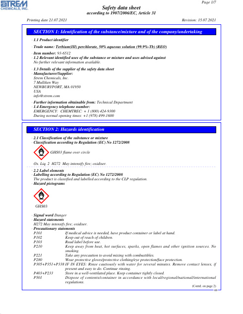 First page of Terbium(III) perchlorate, 50% aqueous solution (99.9%-Tb) (REO) 93-6512 SDS – Strem Chemicals, Inc.