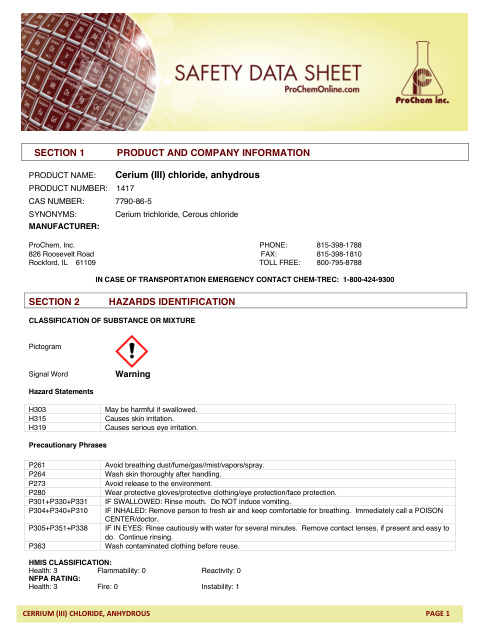 First page of Cerium (III) chloride, anhydrous 1417 SDS – ProChem, Inc.