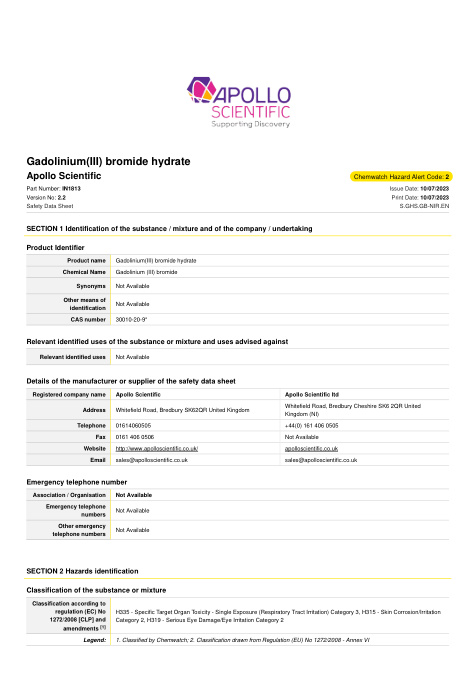 First page of Gadolinium(III) bromide hydrate | SDS | CAS 30010-20-9 | Apollo | English | 10/07/2023 · Version 2.2