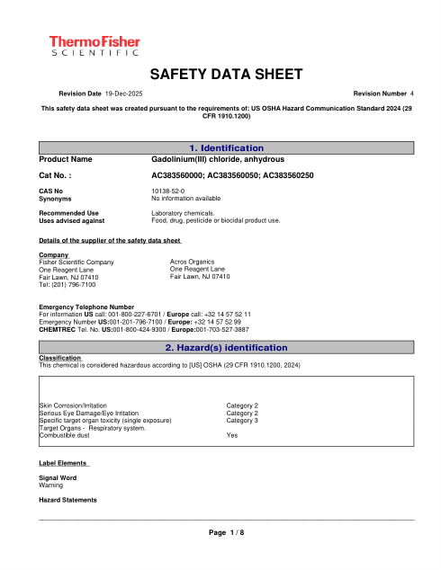 First page of Gadolinium(III) chloride, anhydrous | SDS | CAS 10138-52-0 | Thermo Fisher Scientific | AC383560000; AC383560050; AC383560250 | English | 19-Dec-2025 · Revision 4