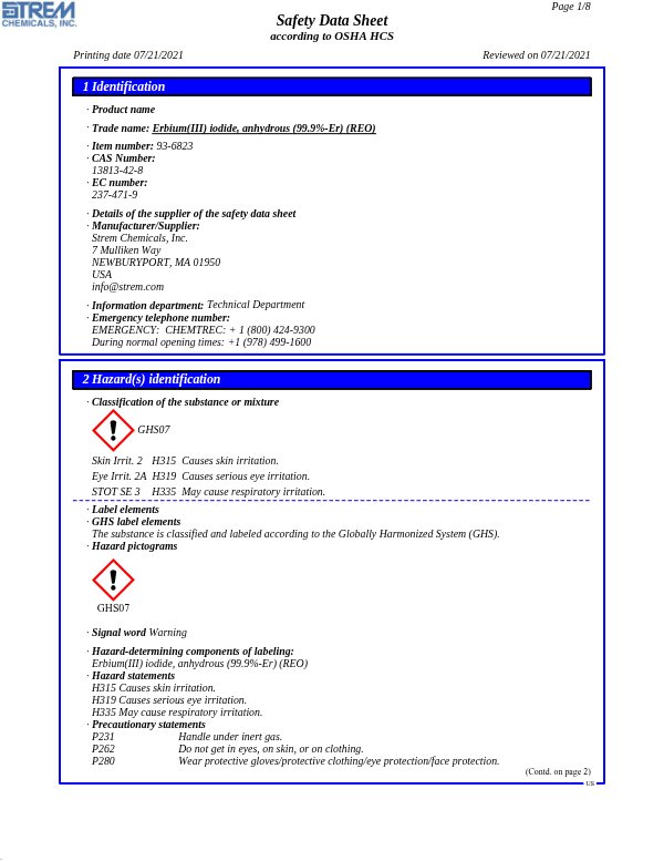 First page of · Trade name: Erbium(III) iodide, anhydrous (99.9%-Er) (REO) 93-6823 SDS – Strem Chemicals, Inc.