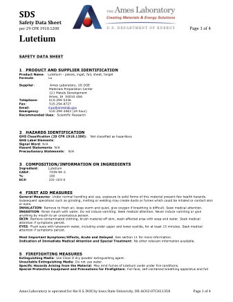 First page of Lutetium (Lu) Metal — Safety Data Sheet (SDS)