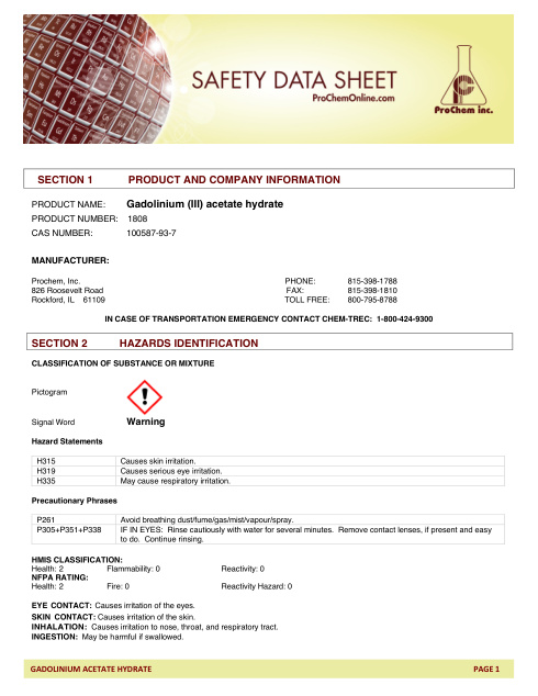 First page of Gadolinium (III) acetate hydrate | SDS | CAS 100587-93-7 | ProChem | 1808 | English