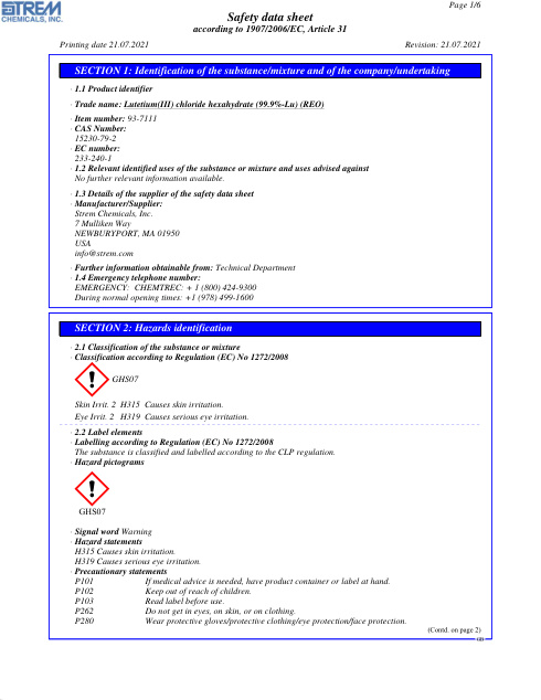 First page of Lutetium(III) chloride hexahydrate (99.9%-Lu) (REO) 93-7111 SDS – Strem Chemicals, Inc.