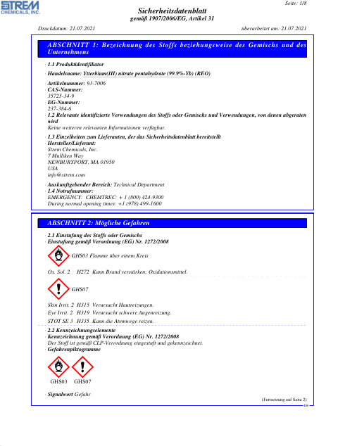 First page of Ytterbium(III) nitrate pentahydrate (99.9%-Yb) (REO) 93-7006 SDS – Strem Chemicals, Inc.