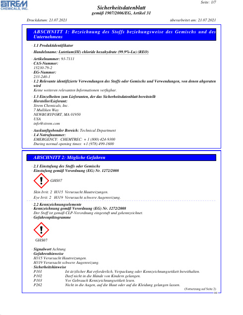 First page of Lutetium(III) chloride hexahydrate (99.9%-Lu) (REO) 93-7111 SDS – Strem Chemicals, Inc.