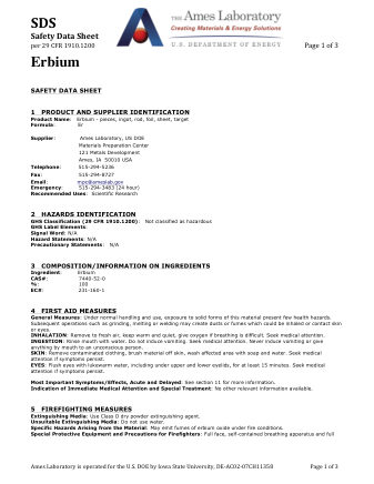 First page of Erbium (Er) Metal — Safety Data Sheet (SDS)