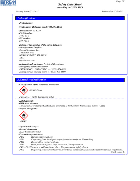First page of Holmium powder (99.9% REO) 93-6730 SDS – Strem Chemicals, Inc.