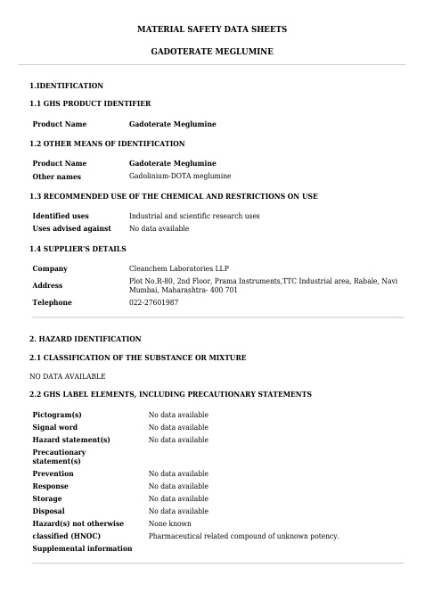 First page of Gadoterate Meglumine | SDS | CAS 92943-93-6 | Cleanchem | English