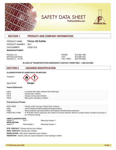 First page of Yttrium (III) Sulfide 3871 SDS – ProChem, Inc.