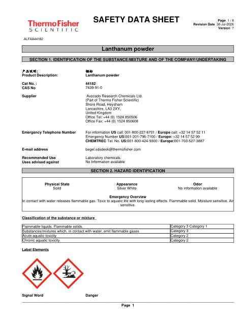 First page of Lanthanum powder ALFAA44182 SDS – Avocado Research Chemicals Ltd. (Part of Thermo Fisher Scientific)