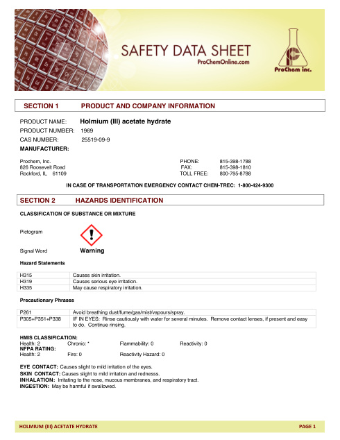 First page of Holmium (III) acetate hydrate 1969 SDS – ProChem, Inc.