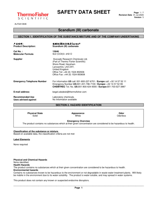 First page of Scandium (III) carbonate ALFAA13646 SDS – Avocado Research Chemicals Ltd. (Part of Thermo Fisher Scientific)