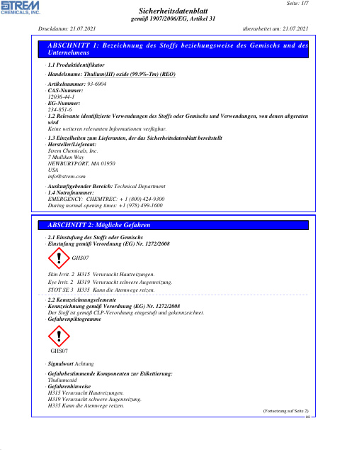 First page of Thulium(III) oxide (99.9%-Tm) (REO) 93-6904 SDS – Strem Chemicals, Inc.