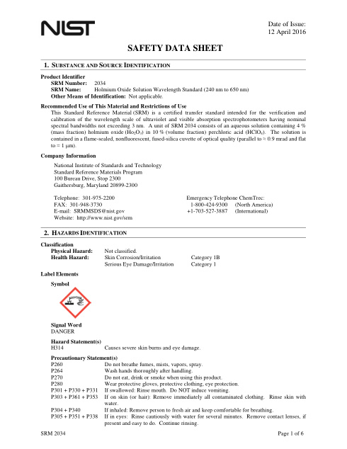 First page of Holmium oxide in perchloric acid solution | SDS | National Institute of Standards and Technology (NIST) | NIST SRM 2034 | English | 12 April 2016